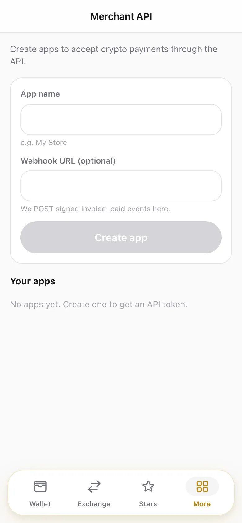 The Merchant API screen: create an app to get an API token